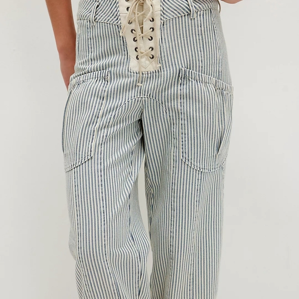 We The Free Smooth Sailing Stripped Pants. Striped Lace-Up Pants Washed Sage. - Picture 6 of 7